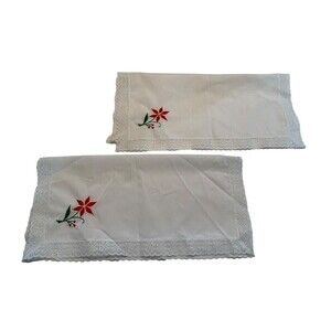 Vintage Embroidered White Doily Christmas Lace Edge Poinsettia Design 16" x 16"
